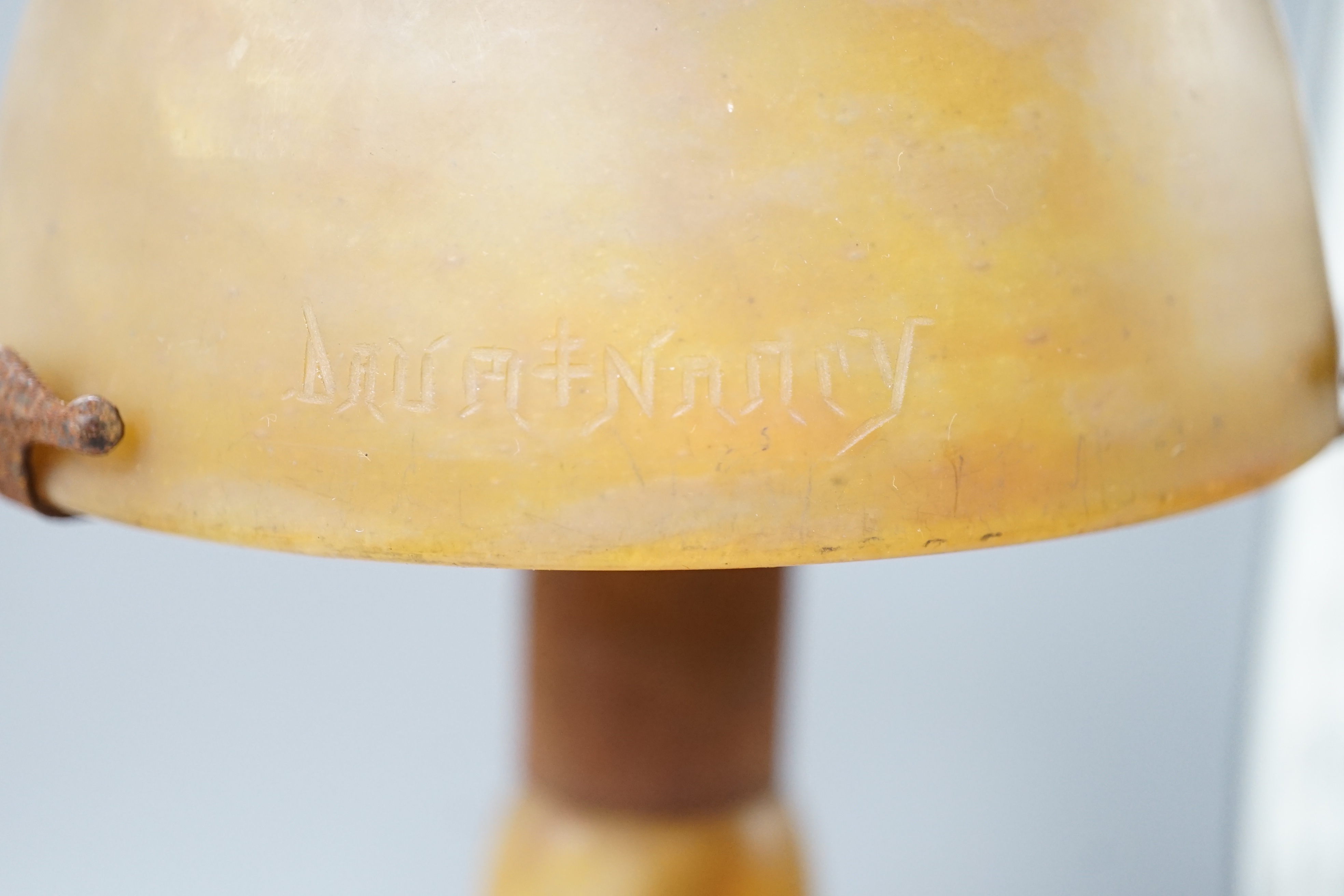 A Daum, Nancy mottled glass mushroom lamp, height 32cm.